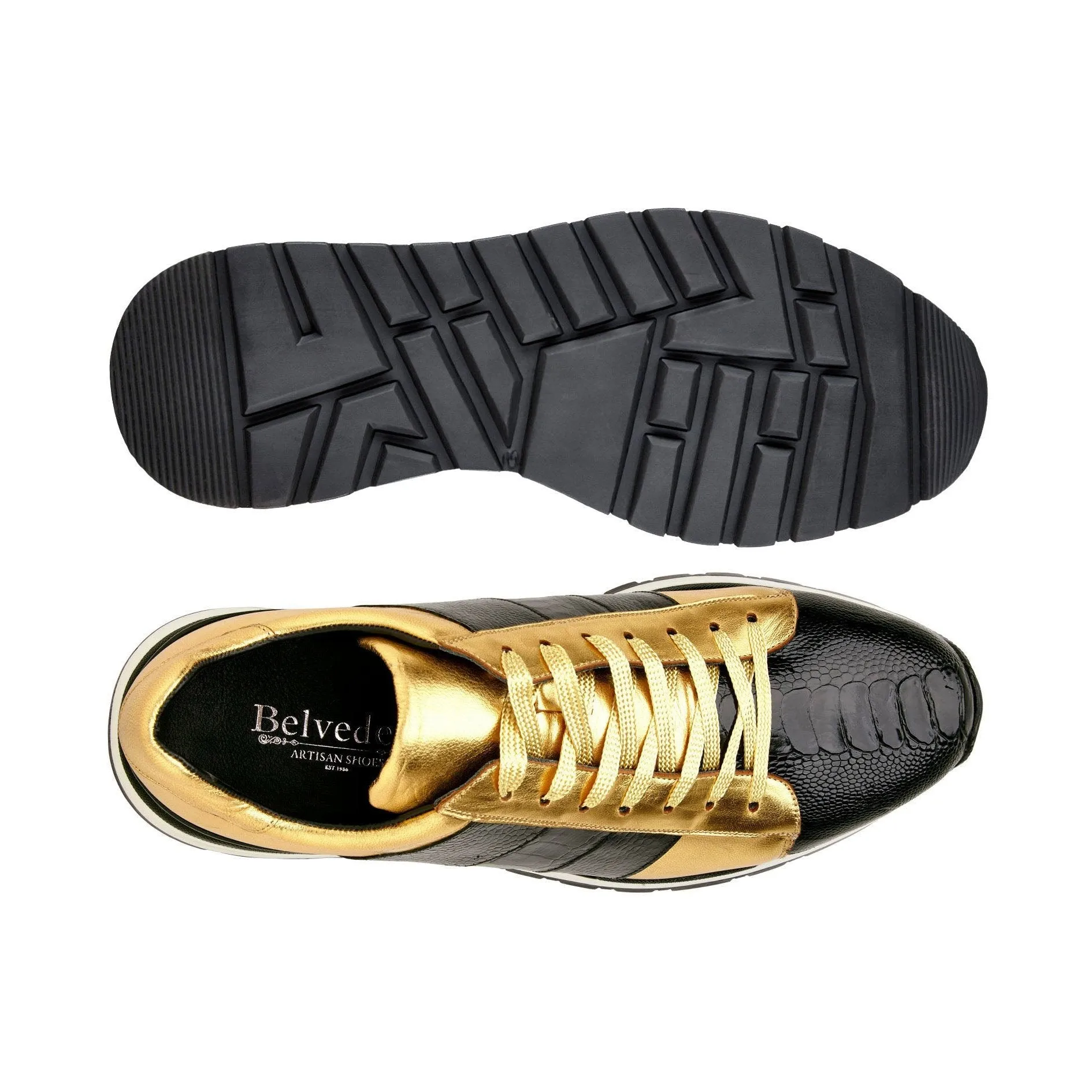Belvedere Blake in Black / Gold Color Block Exotic Skin Sneakers