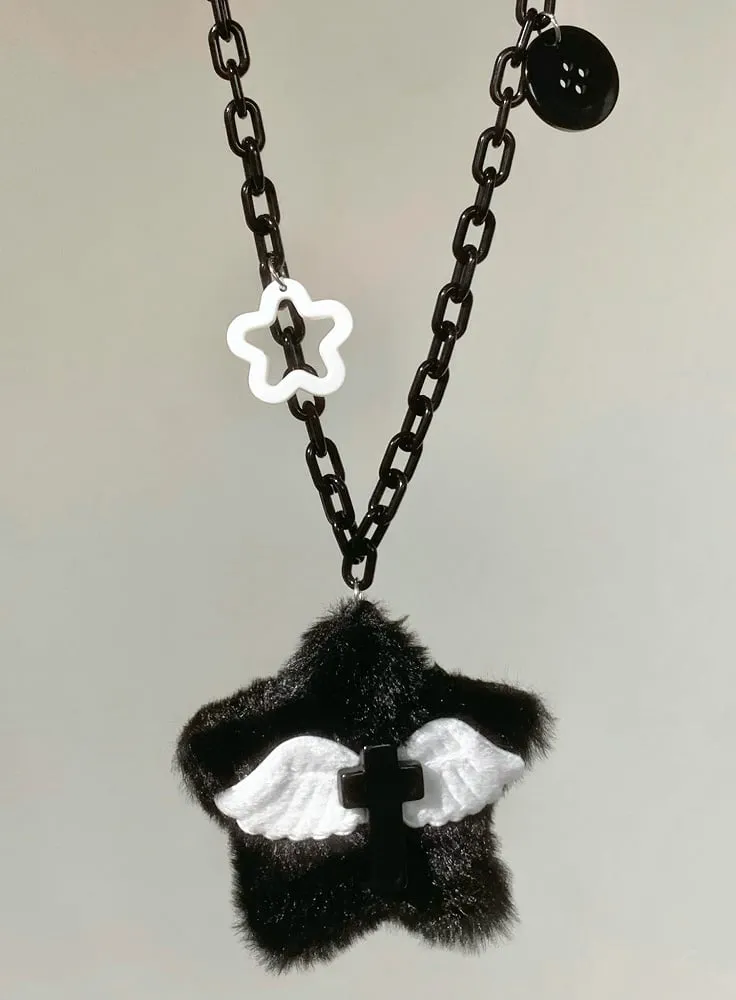 Black/Pink/Blue Plush Star Wing Cross Pendant Necklace