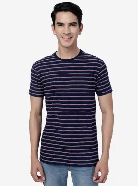 Blue & Maroon Striped Slim Fit T-Shirt | JadeBlue