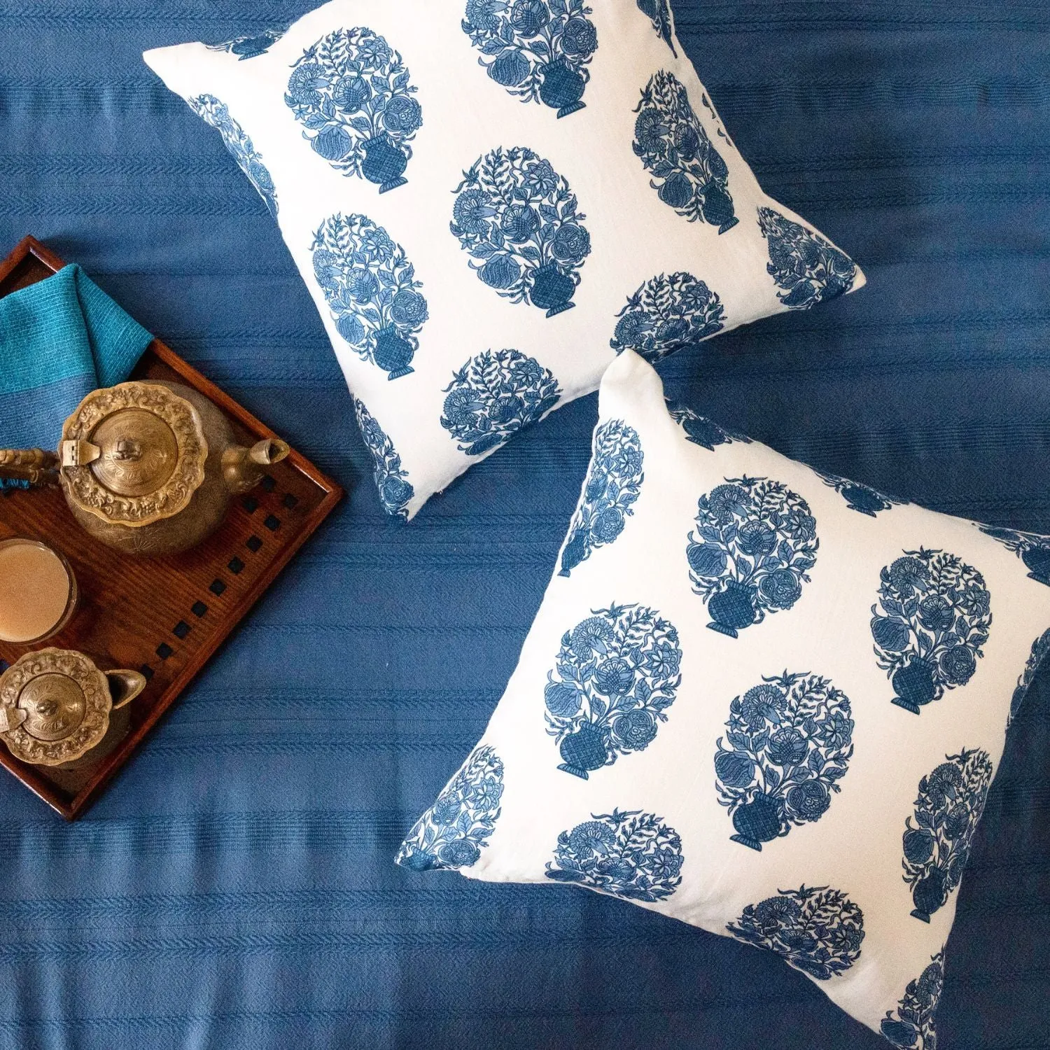 Blue & White Cotton Cushion Cover | Set Of 2 | Beautiful Decor | 16 x 16 Inches