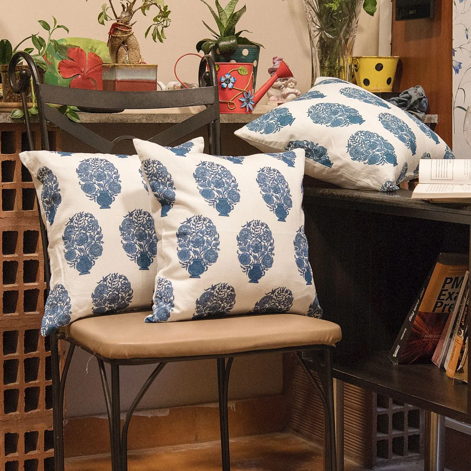 Blue & White Cotton Cushion Cover | Set Of 2 | Beautiful Decor | 16 x 16 Inches