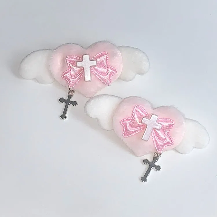Blue Pink Plush Cross and Bowknot Heart-shaped Hairclip