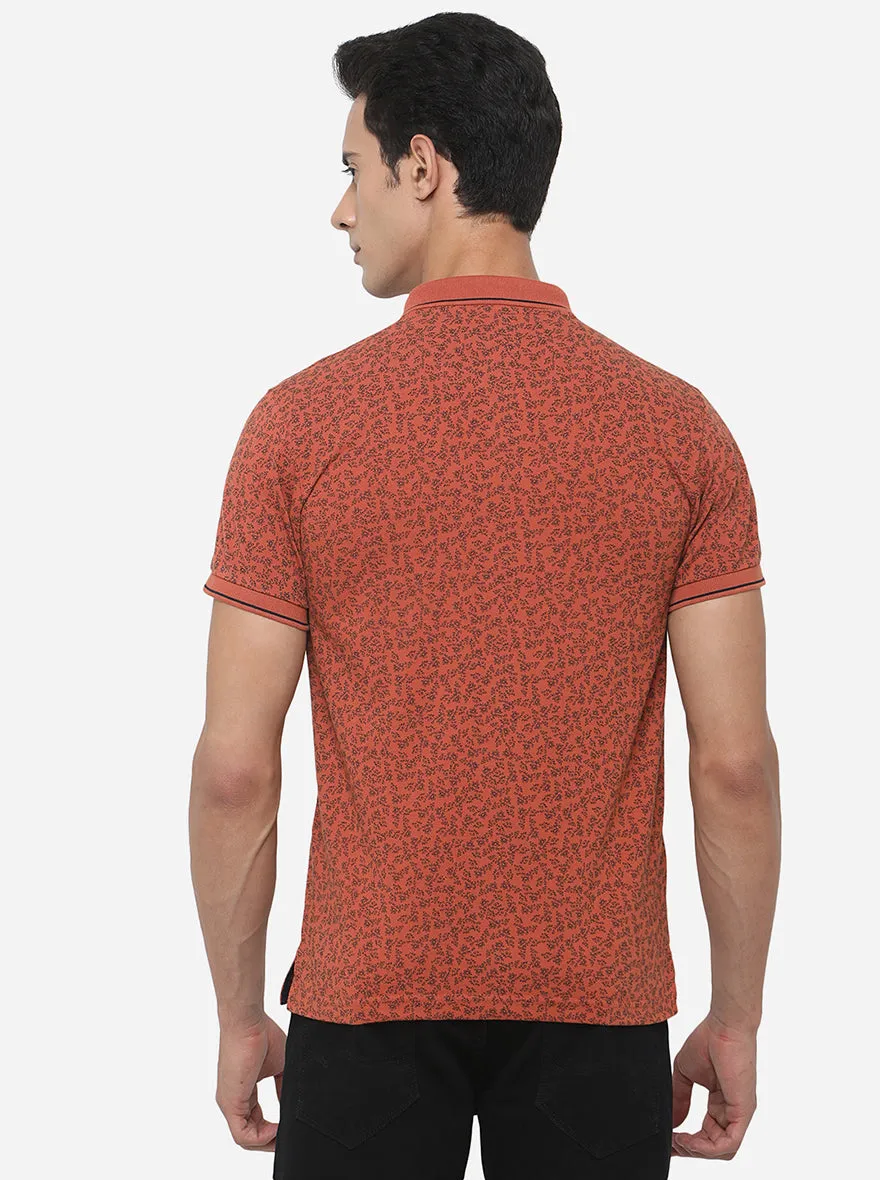 Brick Red Printed Slim Fit Polo T-Shirt | Greenfibre