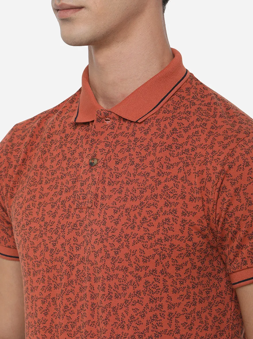 Brick Red Printed Slim Fit Polo T-Shirt | Greenfibre