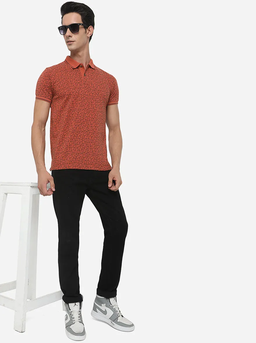 Brick Red Printed Slim Fit Polo T-Shirt | Greenfibre