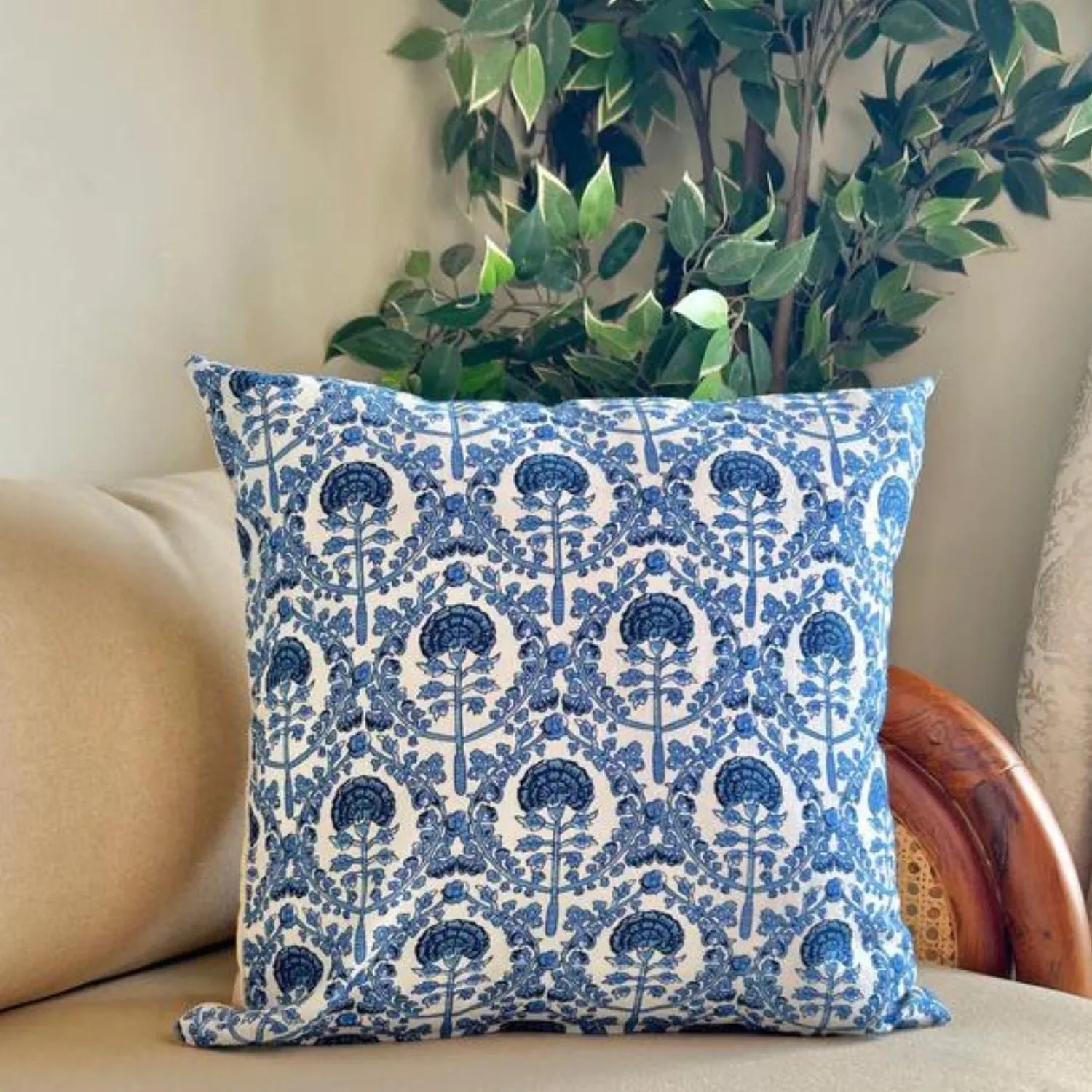 Cotton Cushion Cover | Vibrant Home Furnishing | White & Blue Set Of 2 | 16" x 16"
