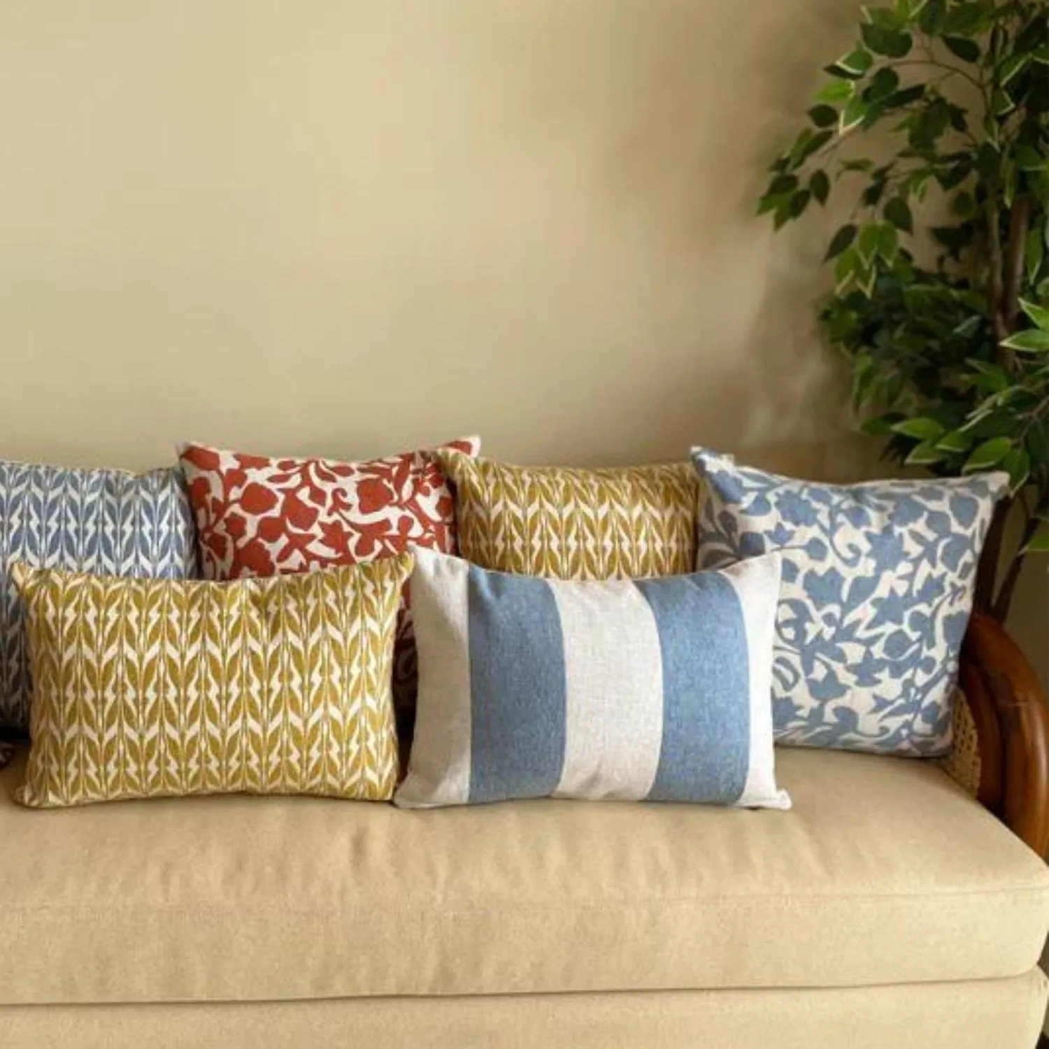 Cotton Stripes Double Sided Cushion Cover | White & Powder Blue | Pack Of 2