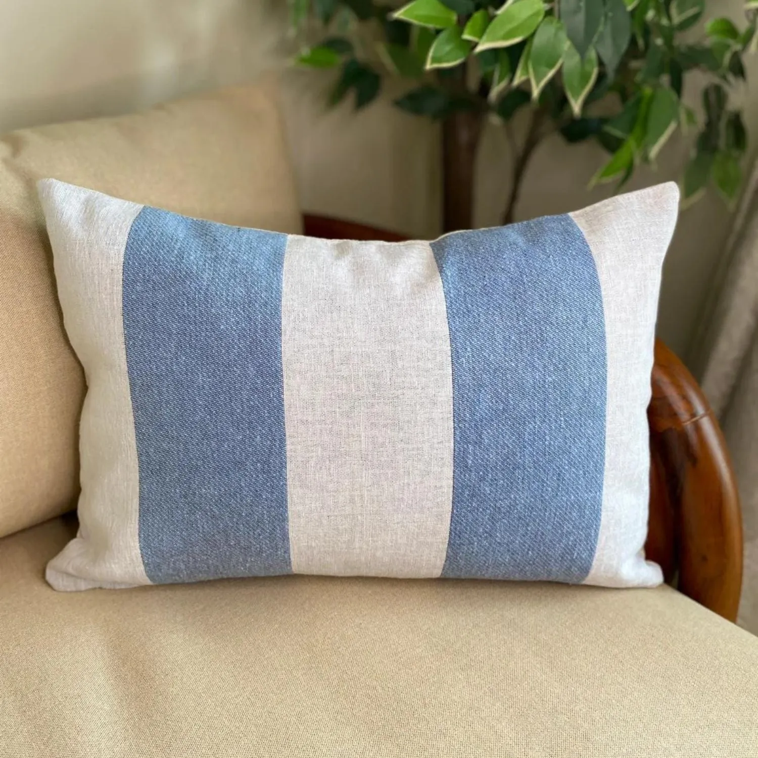 Cotton Stripes Double Sided Cushion Cover | White & Powder Blue | Pack Of 2