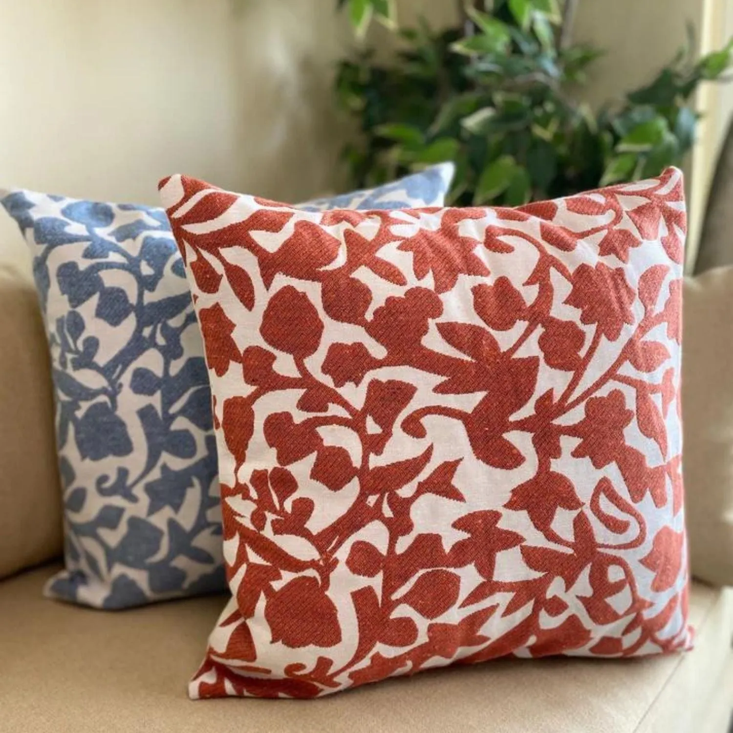 Double Sided Cotton Cushion Cover | Rust & Off-White | Leaf Print | Set Of 2