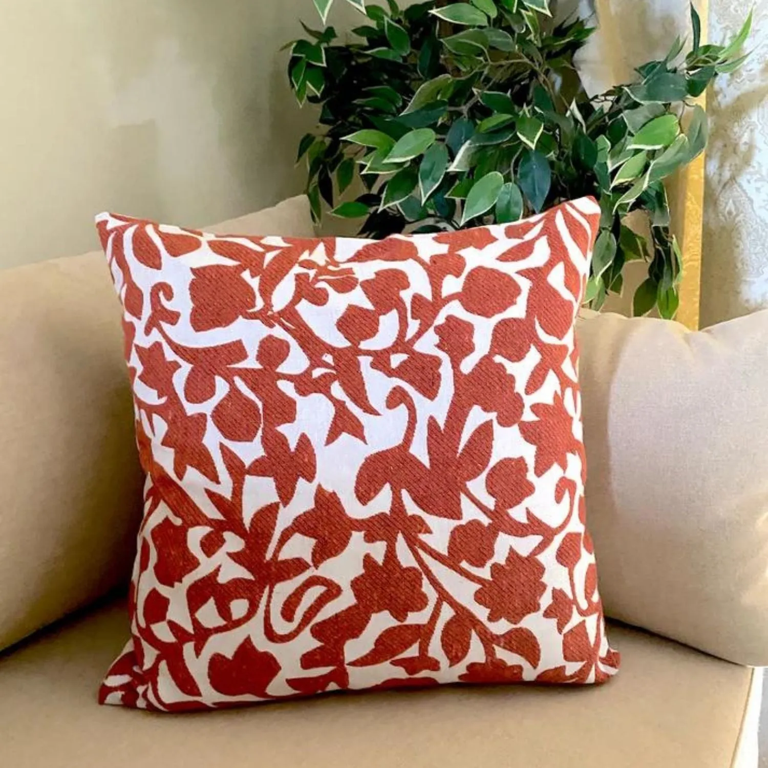 Double Sided Cotton Cushion Cover | Rust & Off-White | Leaf Print | Set Of 2