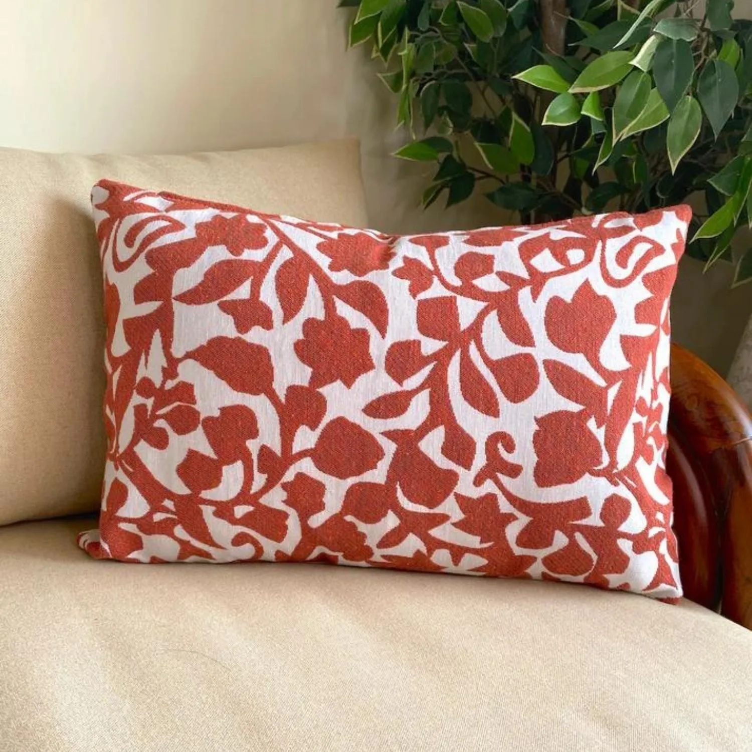 Double Sided Cotton Cushion Cover | Rust & Off-White | Leaf Print | Set Of 2