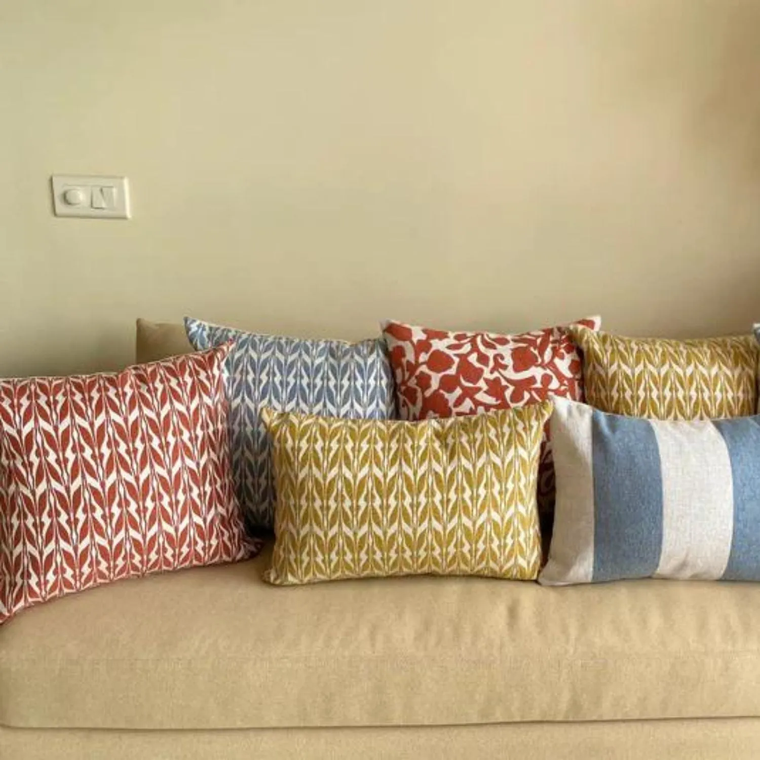 Double Sided Cotton Cushion Cover | Rust & Off-White | Leaf Print | Set Of 2