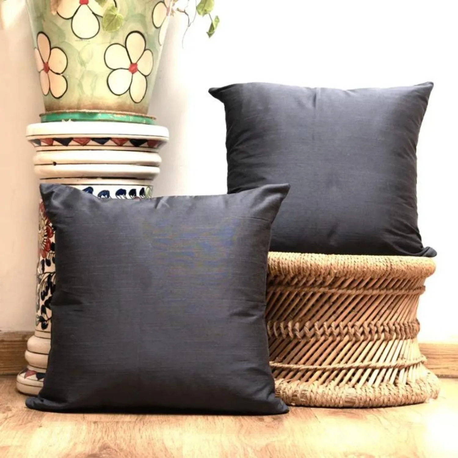 Grey Silk Cushion Cover | Classy Decor For Living Room | 16 x 16 Inch | Set Of 2