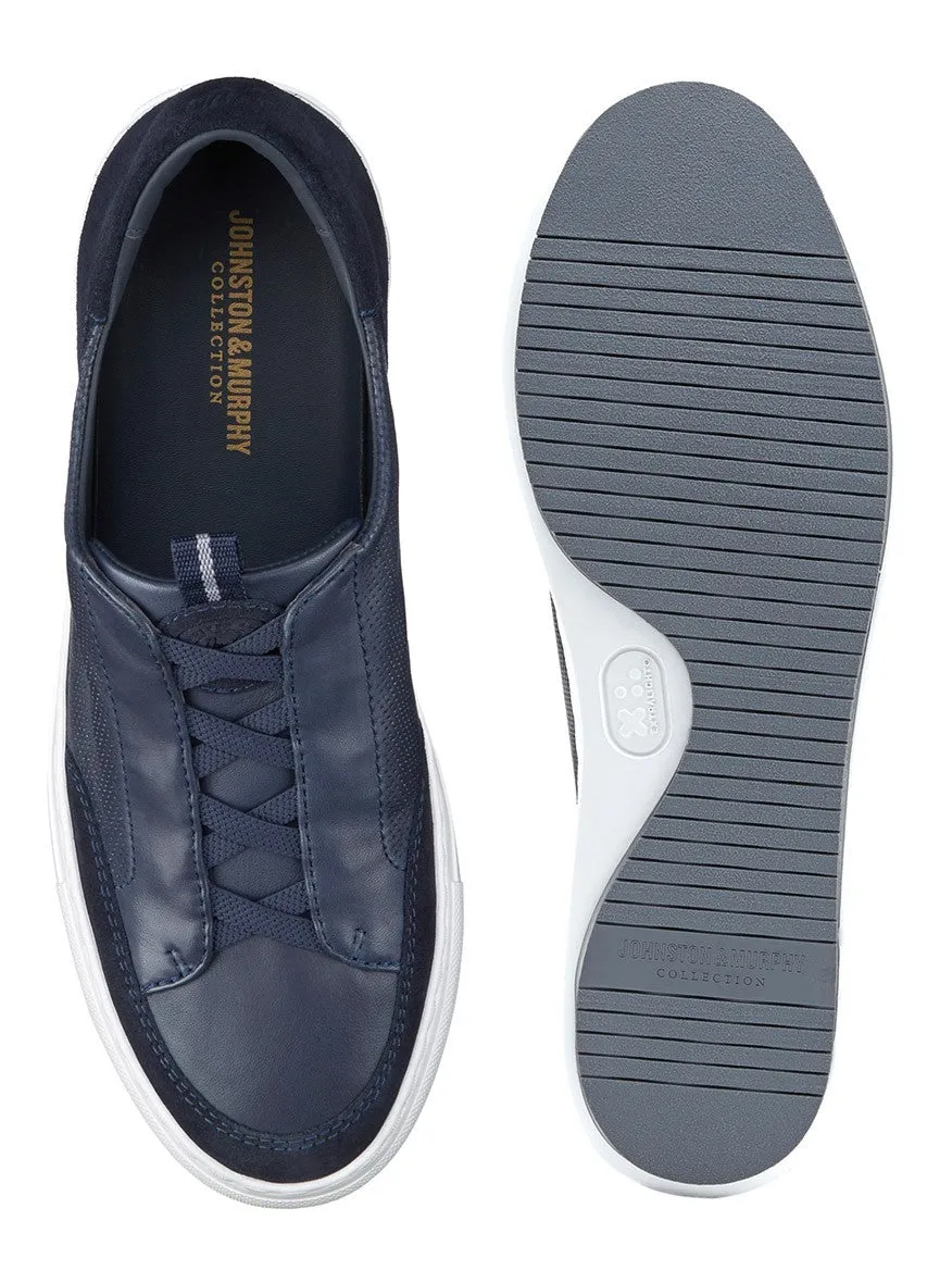 J & M Collection Anson Stretch Lace-to-Toe in Navy English Suede/Sheepskin