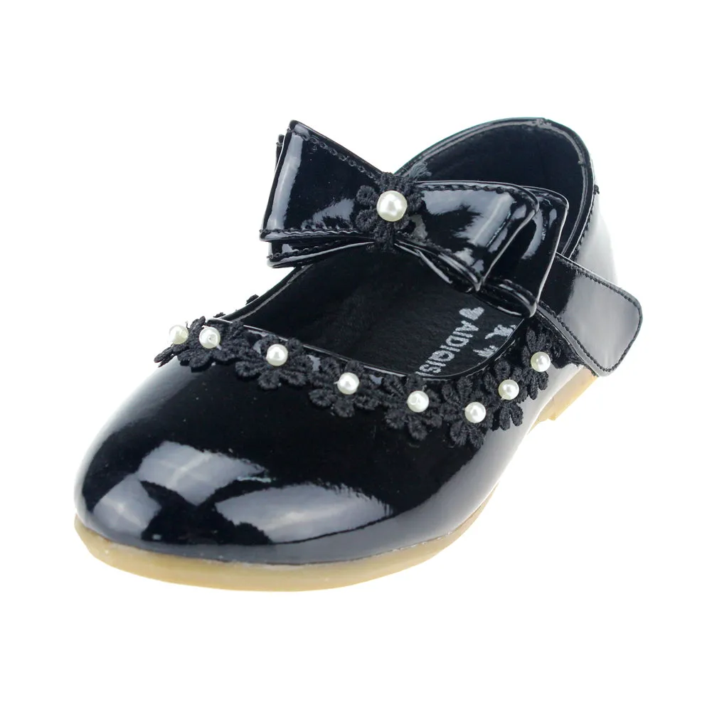 Kid Girl PU Dress Shoe Hook and Loop Bow Flat