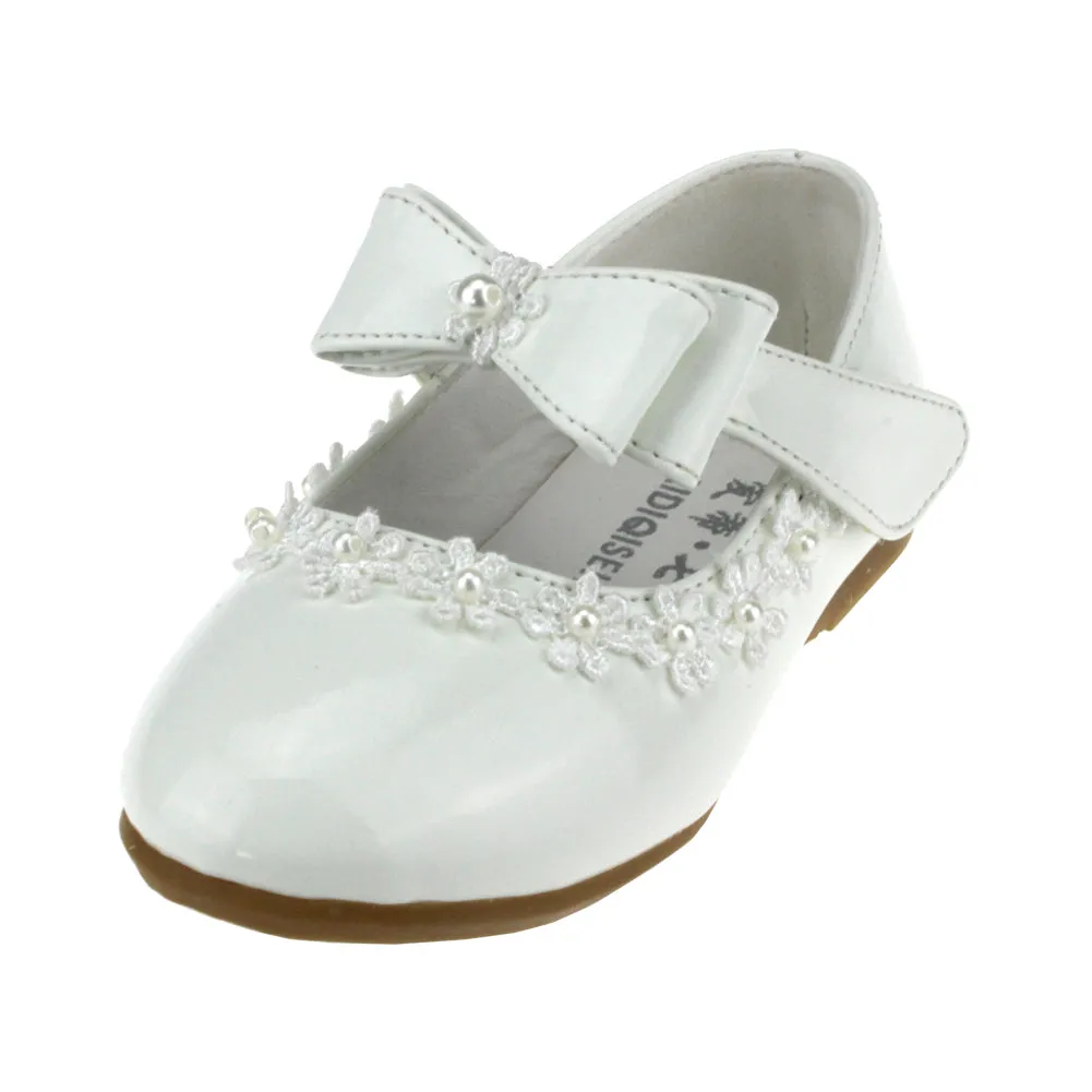 Kid Girl PU Dress Shoe Hook and Loop Bow Flat