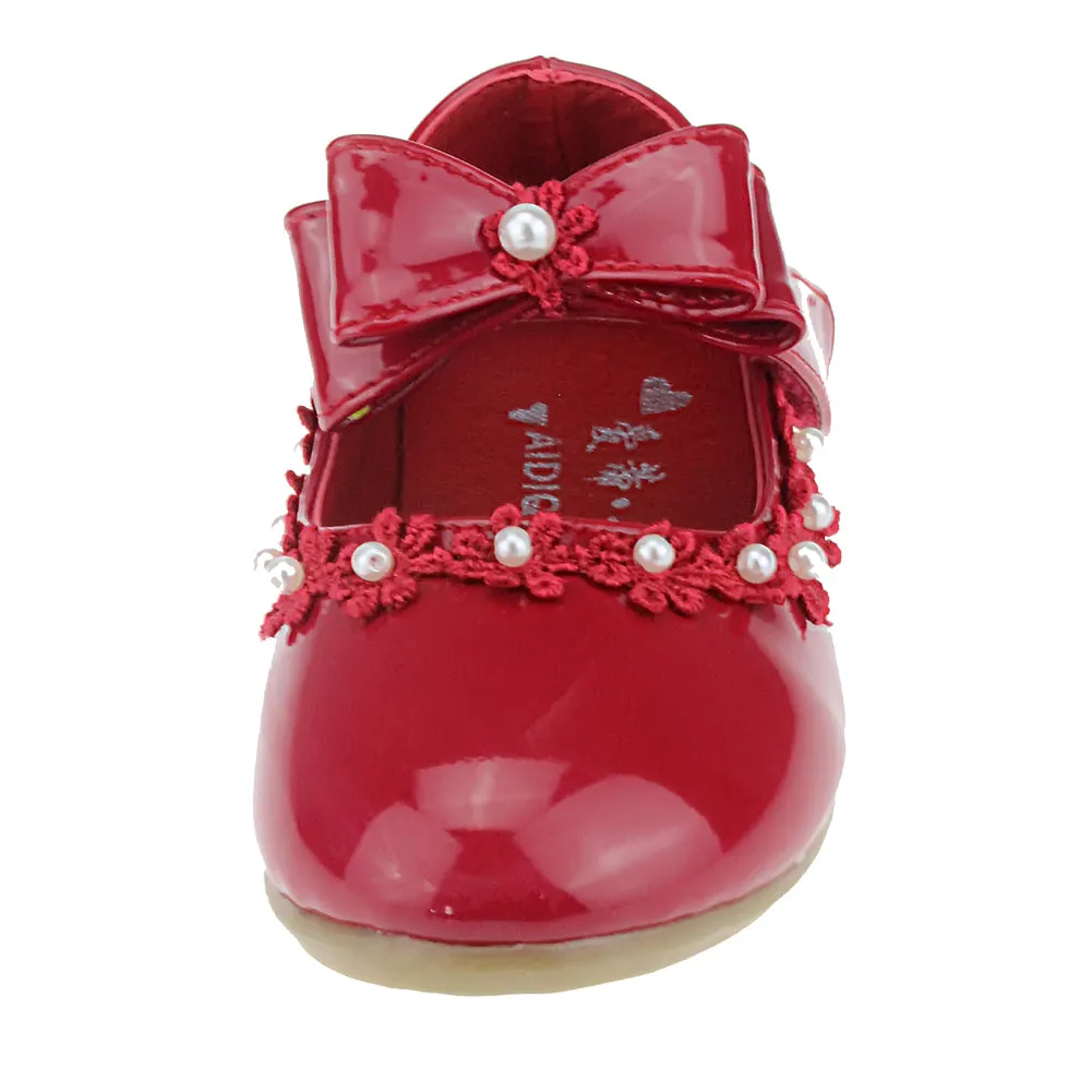 Kid Girl PU Dress Shoe Hook and Loop Bow Flat