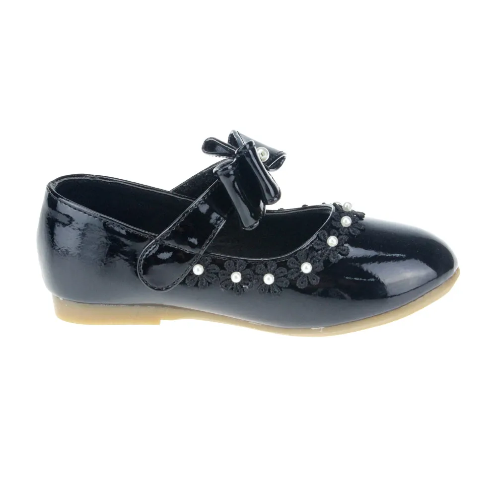 Kid Girl PU Dress Shoe Hook and Loop Bow Flat