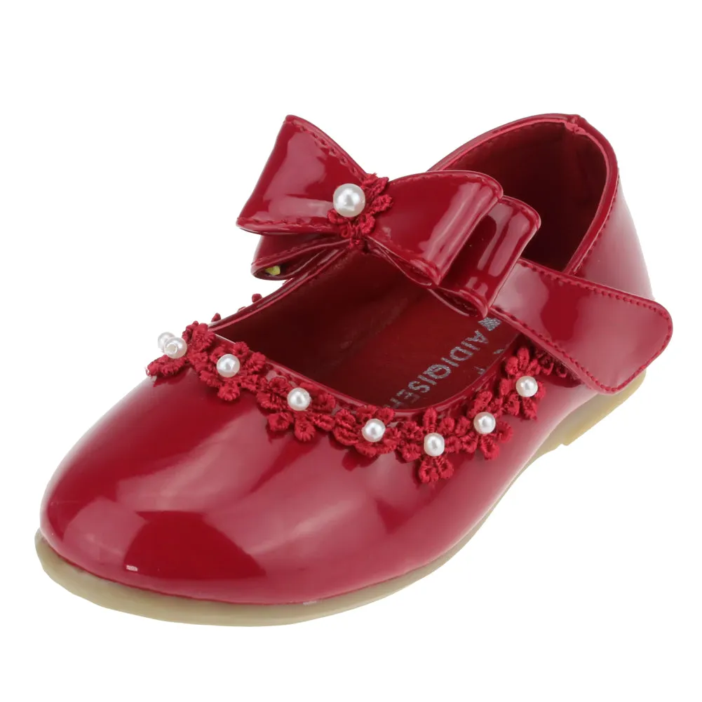 Kid Girl PU Dress Shoe Hook and Loop Bow Flat