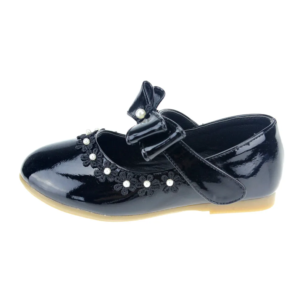 Kid Girl PU Dress Shoe Hook and Loop Bow Flat