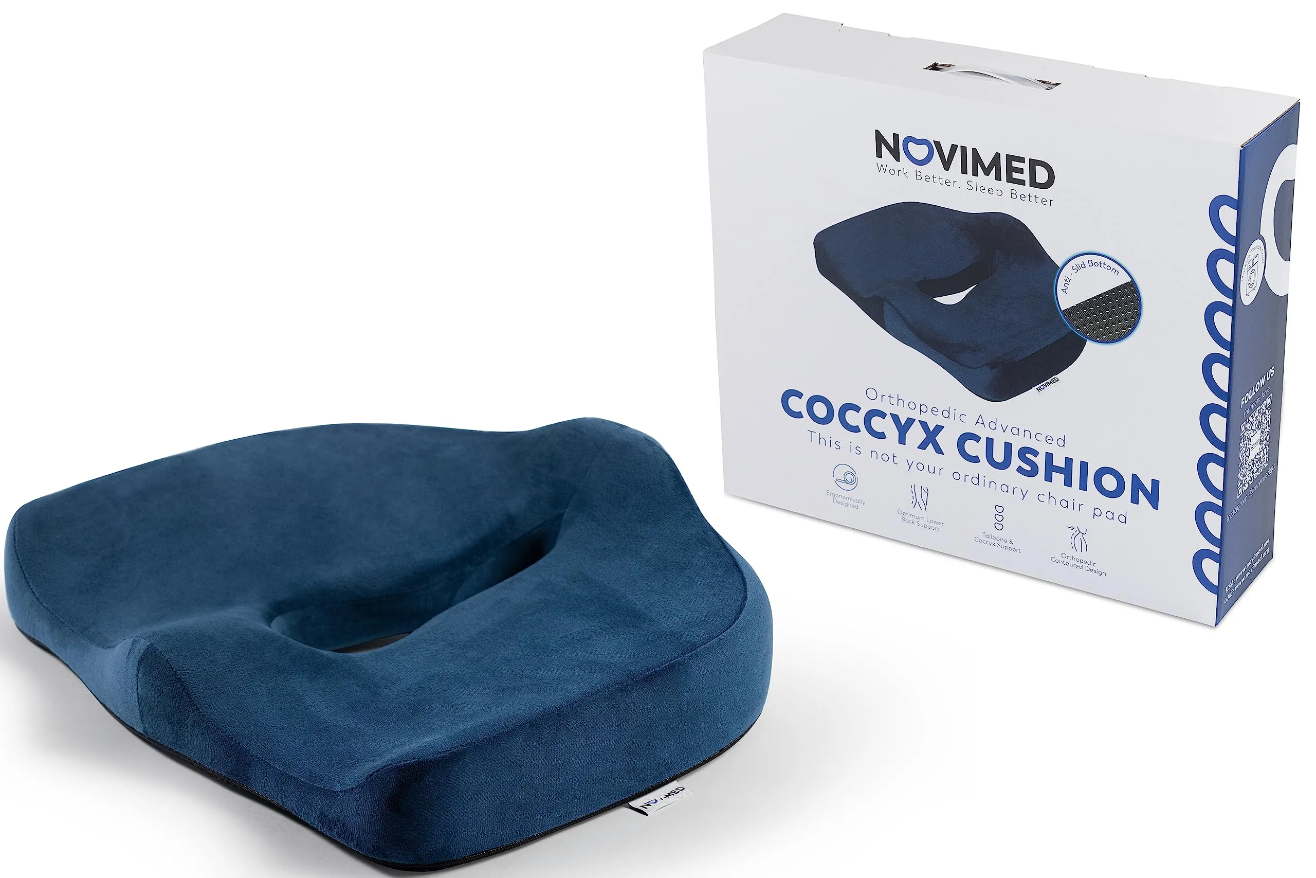 NOVIMED Coccyx Cushion - Advanced Memory Foam Seat Cushion (Dark Blue)