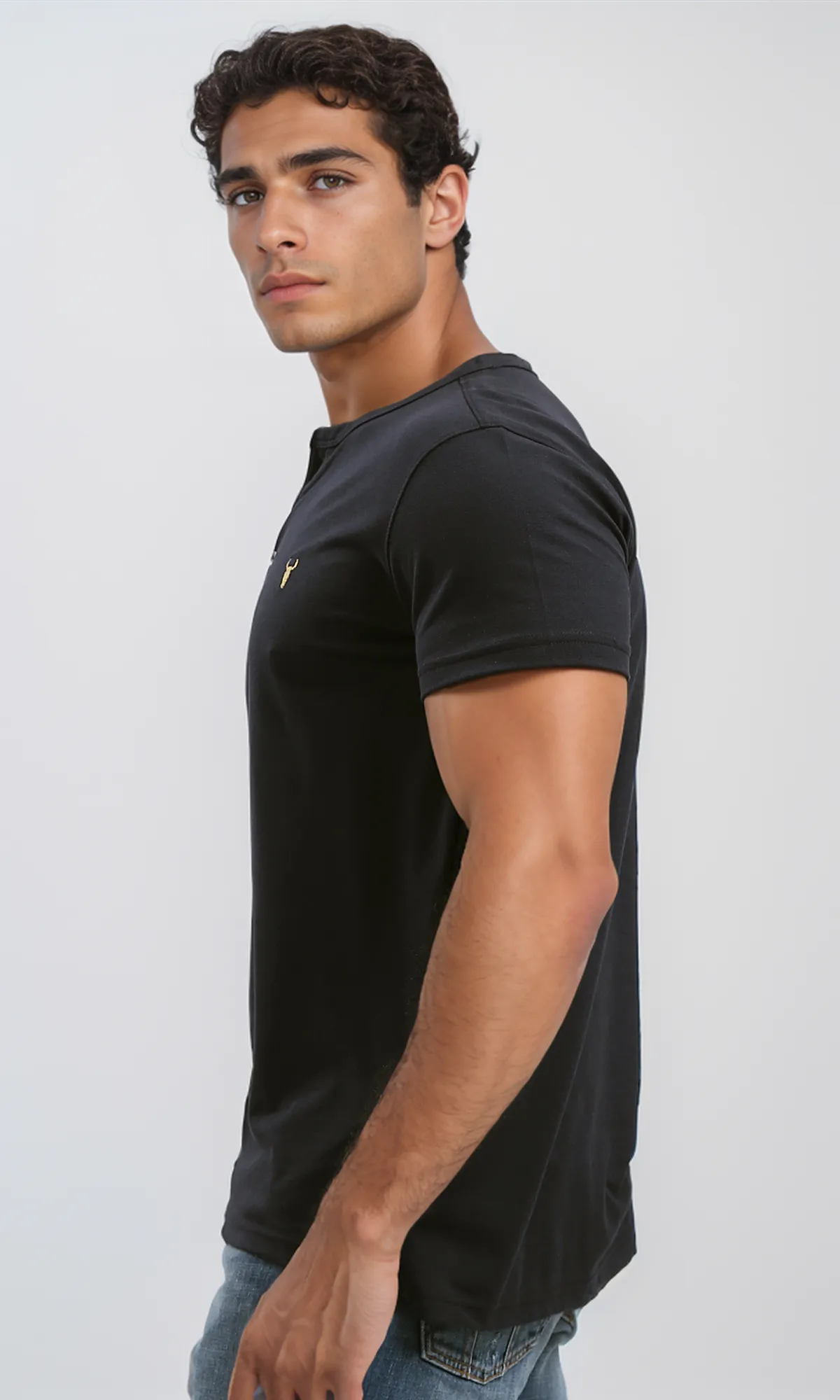 O190826 Black Round Neck Slip On Henley Shirt