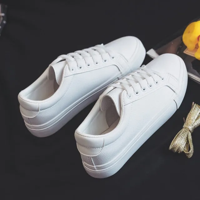 PlaySwich Fashion New Casual Classic Solid Color PU Leather Shoes Women Casual White Shoes Sneakers