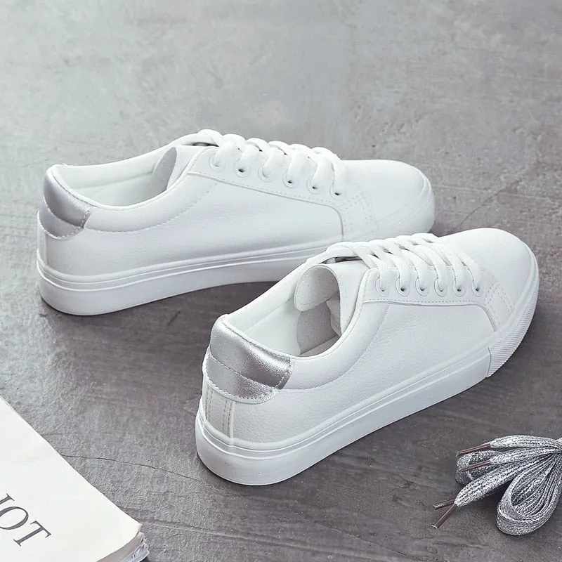 PlaySwich Fashion New Casual Classic Solid Color PU Leather Shoes Women Casual White Shoes Sneakers