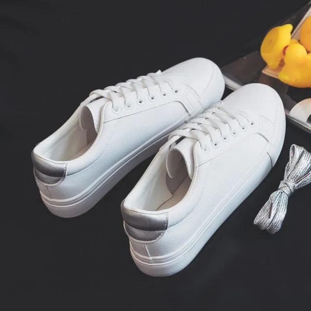 PlaySwich Fashion New Casual Classic Solid Color PU Leather Shoes Women Casual White Shoes Sneakers