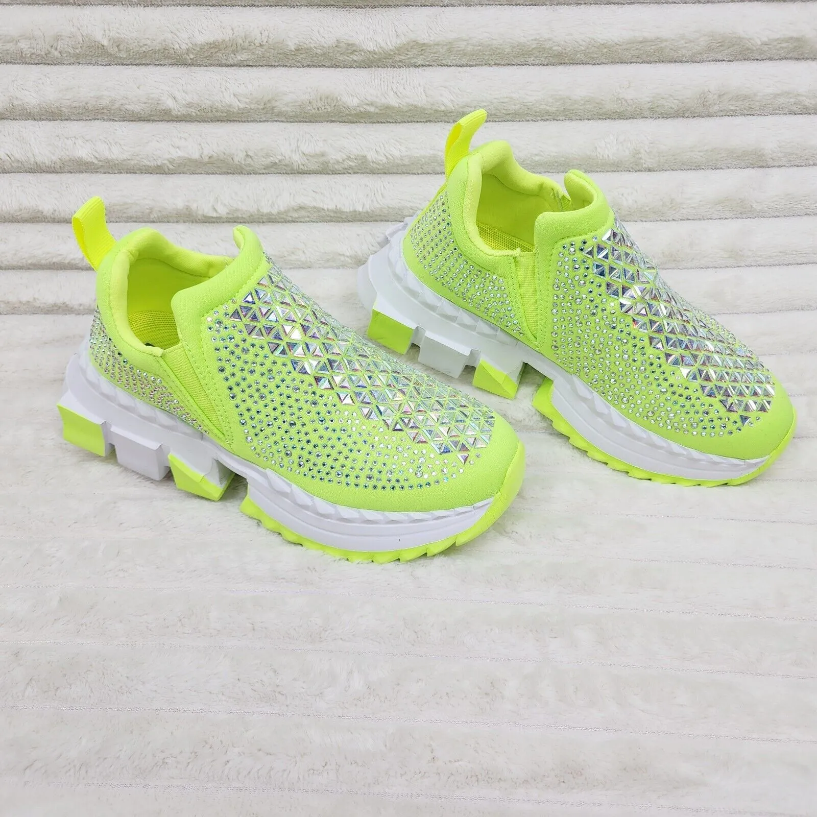Presto Light Weight Slip on Neon Yellow Rhinestone Sneakers - Running Shoes