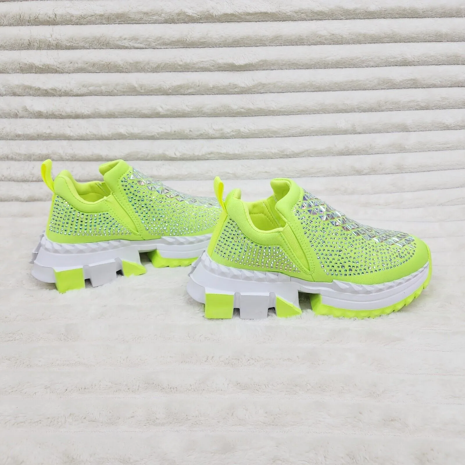 Presto Light Weight Slip on Neon Yellow Rhinestone Sneakers - Running Shoes