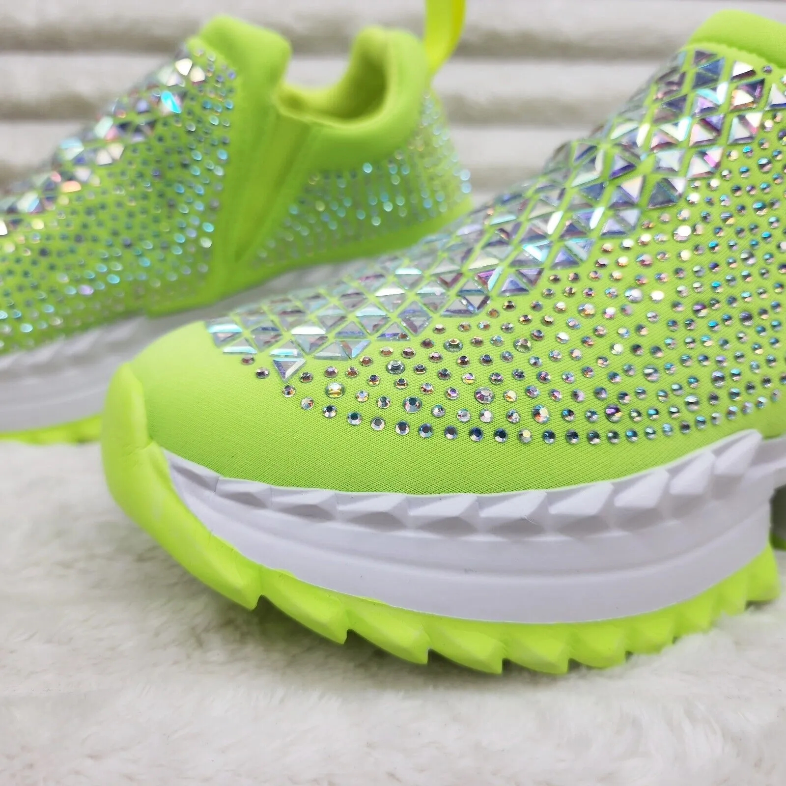 Presto Light Weight Slip on Neon Yellow Rhinestone Sneakers - Running Shoes