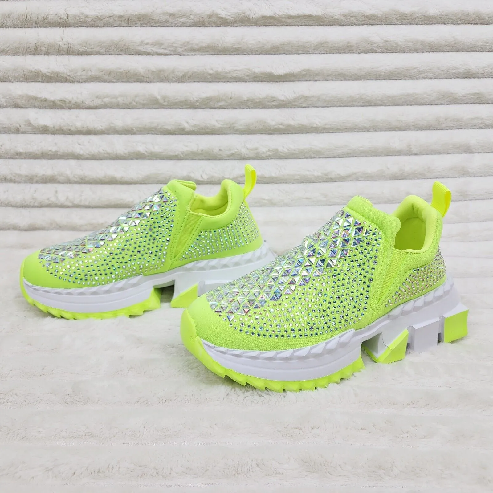 Presto Light Weight Slip on Neon Yellow Rhinestone Sneakers - Running Shoes