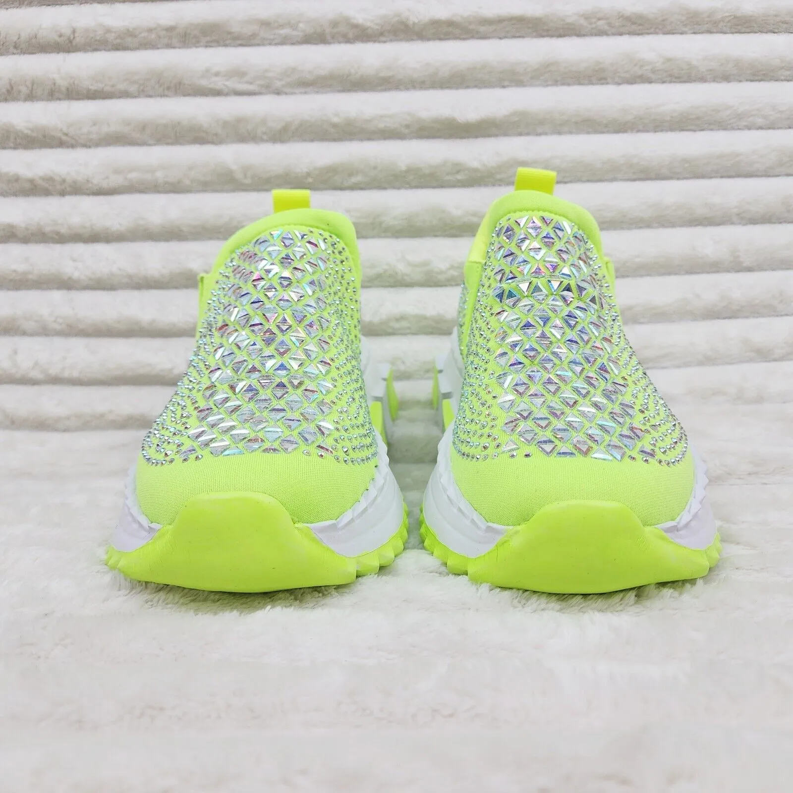 Presto Light Weight Slip on Neon Yellow Rhinestone Sneakers - Running Shoes