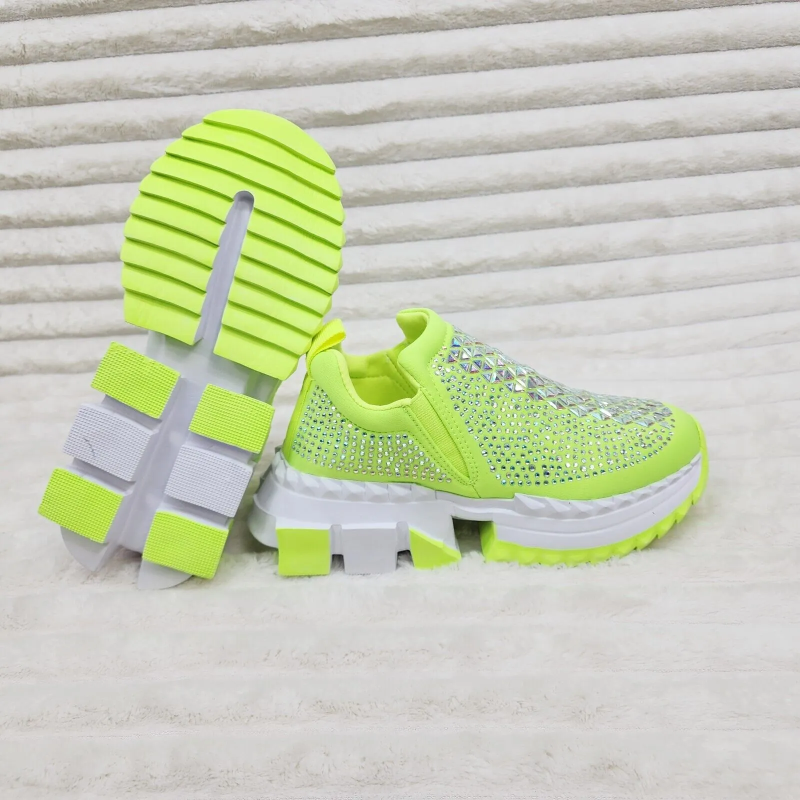 Presto Light Weight Slip on Neon Yellow Rhinestone Sneakers - Running Shoes