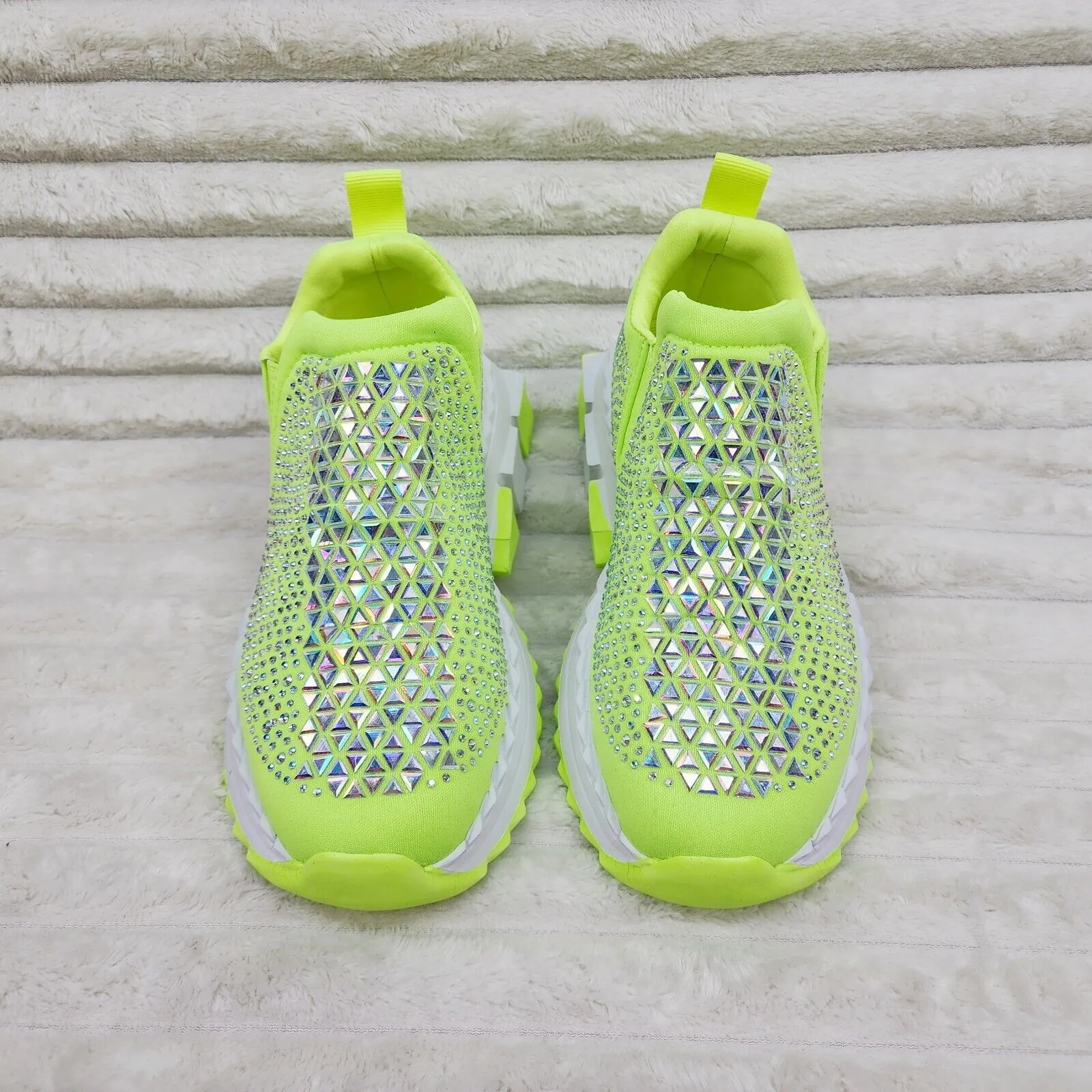 Presto Light Weight Slip on Neon Yellow Rhinestone Sneakers - Running Shoes