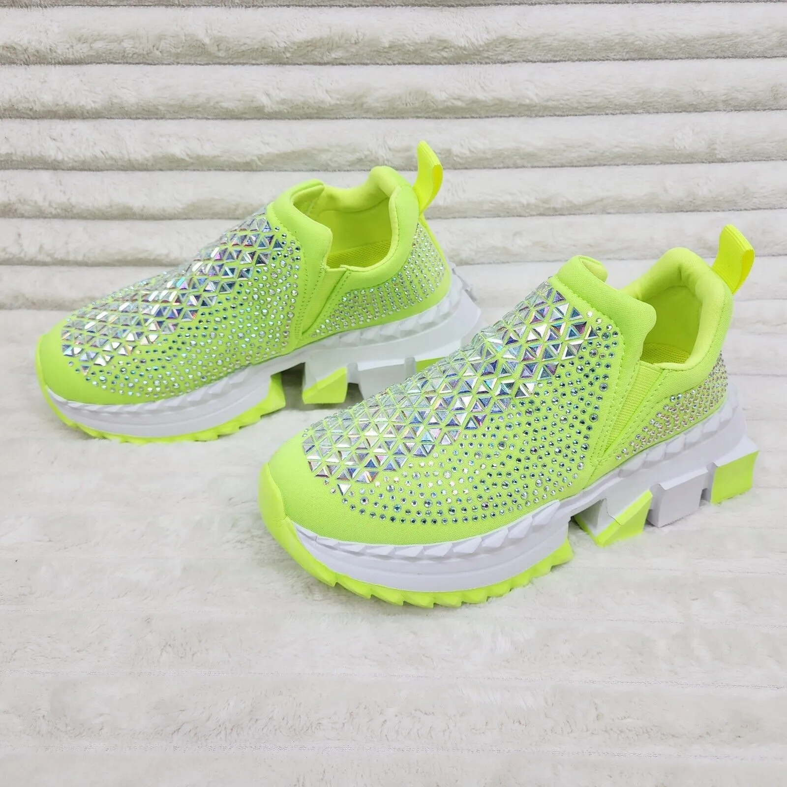 Presto Light Weight Slip on Neon Yellow Rhinestone Sneakers - Running Shoes
