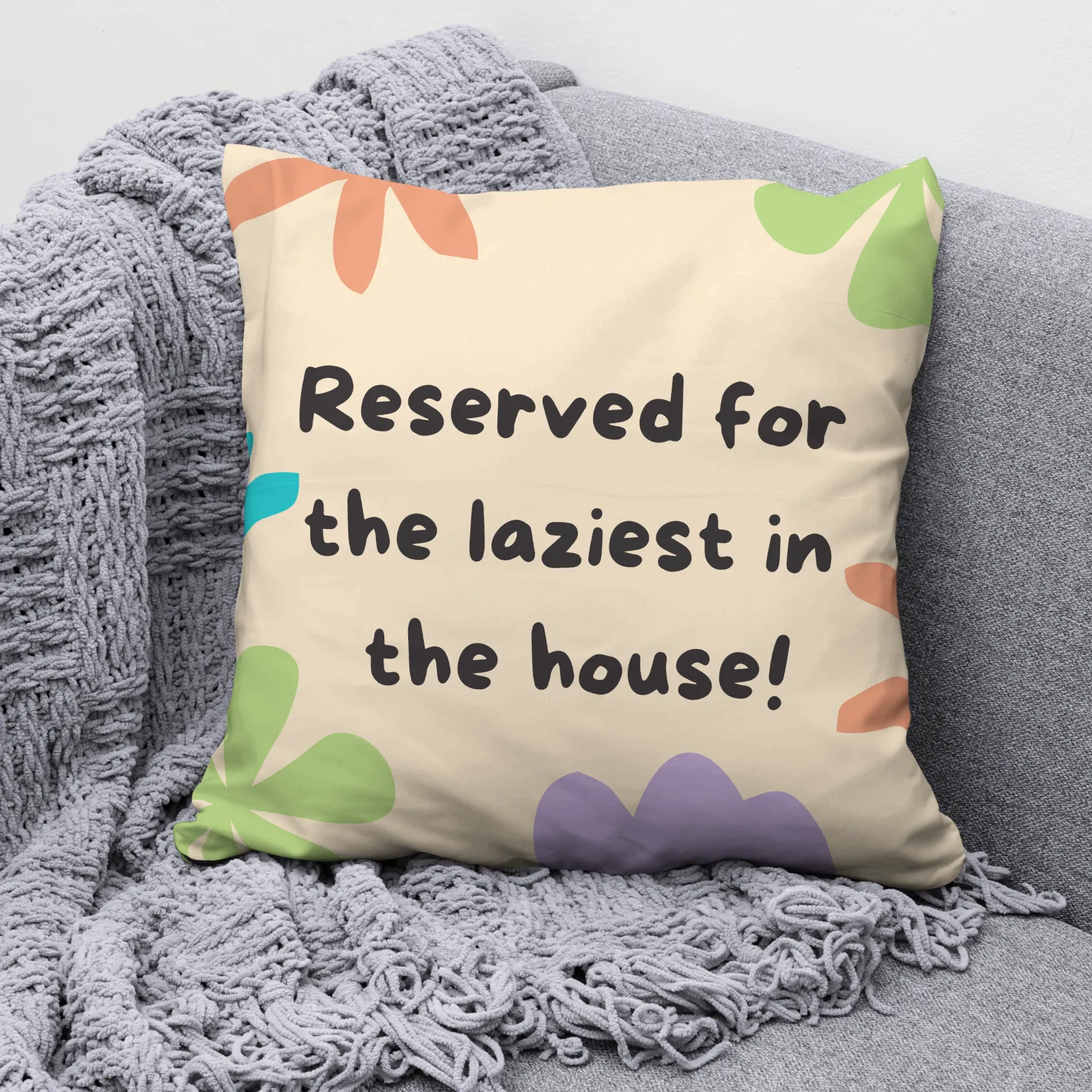 Reserved for the laziest in the house Beige – Cotton Cushion Cover (16x16 inch)