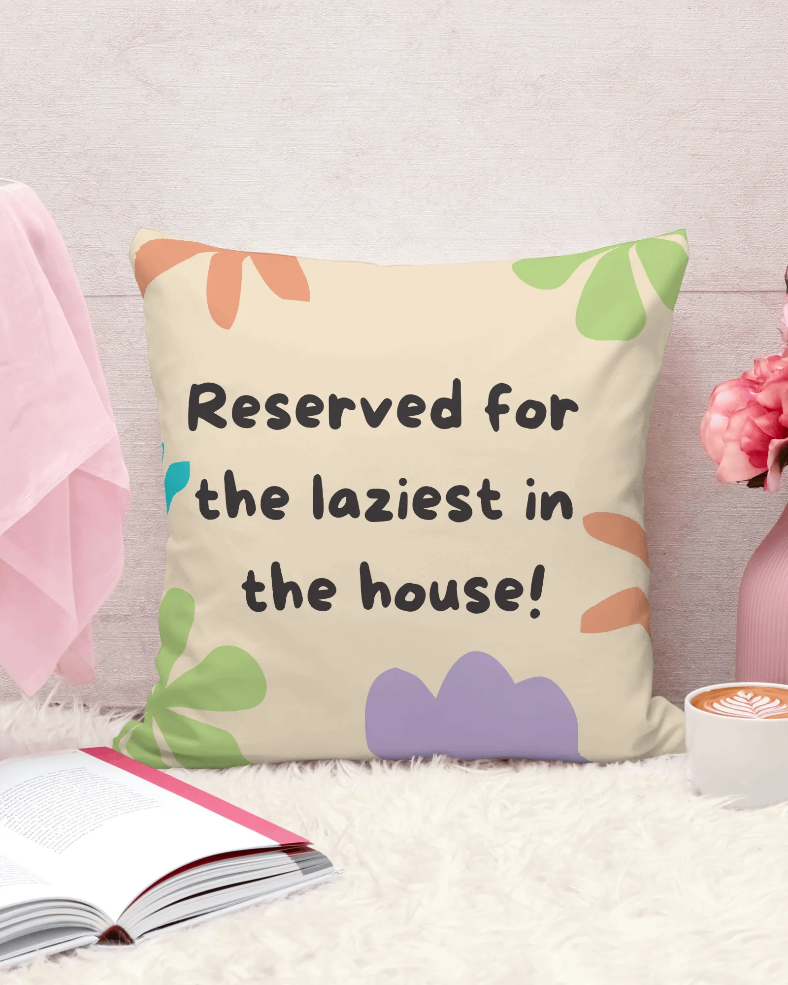 Reserved for the laziest in the house Beige – Cotton Cushion Cover (16x16 inch)