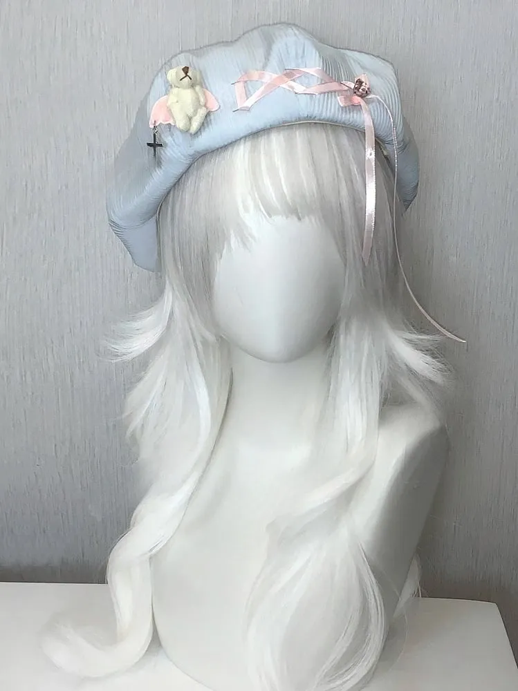 Rhinestone Plush Angel Bear Beret with Lace-up Detail