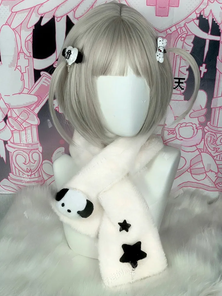 White & Black Cross Plush Scarf with Panda Puppy Plushie